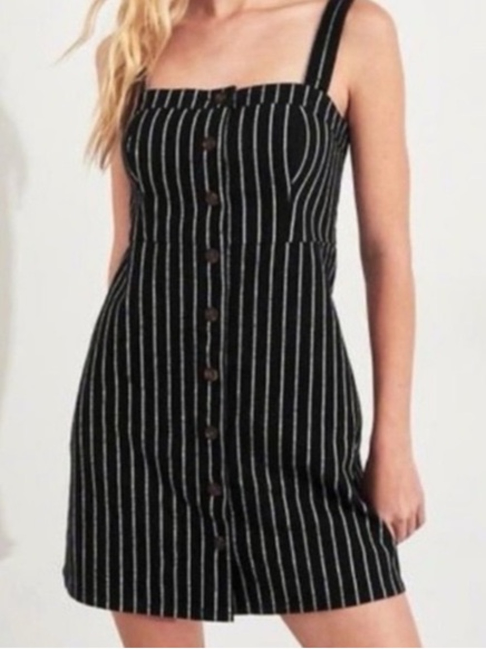 Hollister Women’s Black/White Striped Button-Front Square Neck 90’s Mini Dress